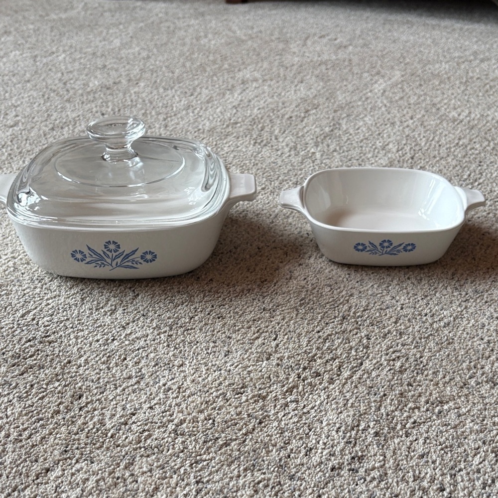 Vintage  Corningware White and Blue Casserole Dish Set with Glass Lid